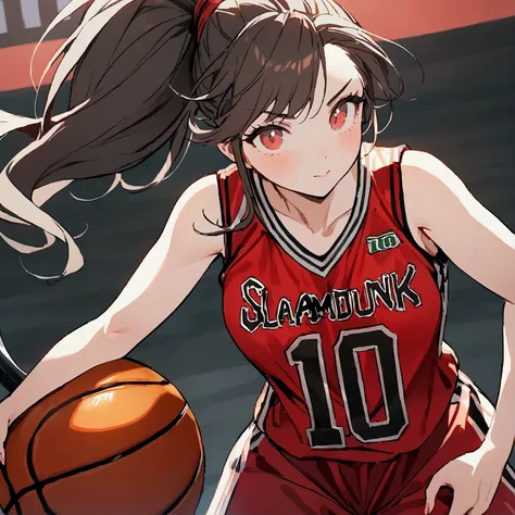 Wearing a red number 10 slamdunk basketball jersey,Cute girl with a ponytail，Holding a basketball，scythe，4K