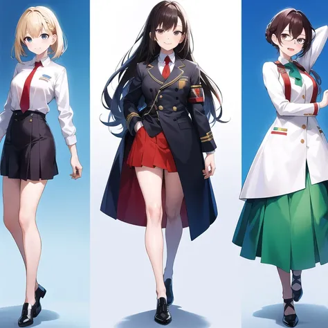 (((Best Quality))) , ((full body)), female, 3 girls, white background, random hairstyles, standing, uniform,
