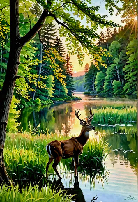 A serene landscape showcasing a crystal-clear lake surrounded by dense, lush forests. The water of the lake reflects the deep green of the trees and the soft, pastel colors of the sunset sky. A single, graceful deer stands at the edge of the lake, its head...