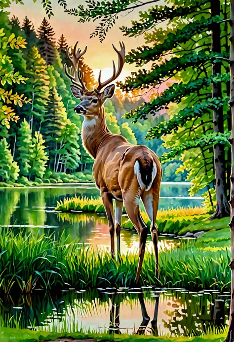 A serene landscape showcasing a crystal-clear lake surrounded by dense, lush forests. The water of the lake reflects the deep green of the trees and the soft, pastel colors of the sunset sky. A single, graceful deer stands at the edge of the lake, its head...