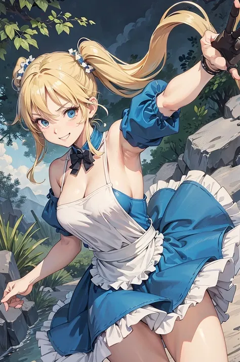 score up_9,score up_8,score up_7,source_anime,masterpiece,best quality,super fine illustration,super detailed,muscle,lady,solo,50yo,maid,cool,twintail,blonde hair,crazy smile,fighting form,dynamic angle,BREAK perfect hands,perfect fingers,hyper realistic,B...