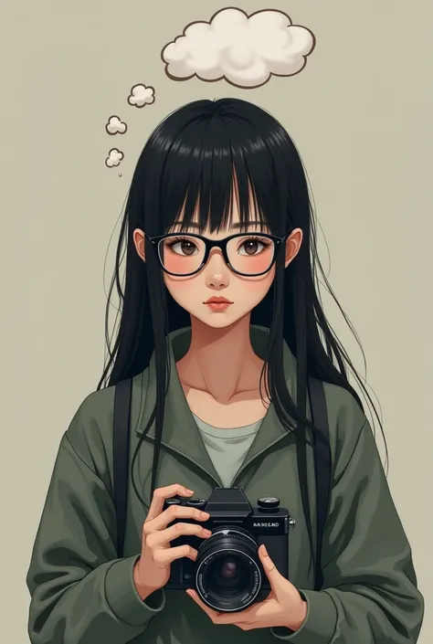 Real girl holding a camera but with a bubble thinking about the emotional blocks she has , The girl has straight, long, black hair and no bangs. She has glasses., Her face is a diamond, a look that dissociates reality 