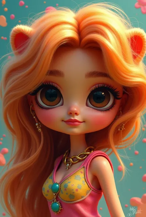 Create a Barbie-type caricature with dark brown eyes and a lion&#39;s mane-inspired hair. 