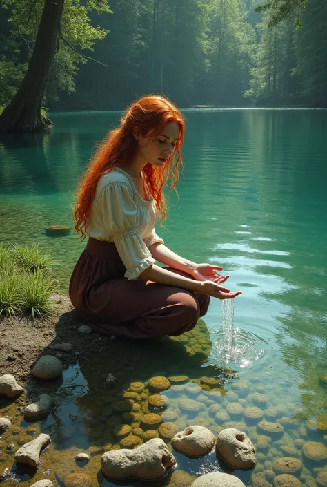 Woman with red hair in peasant dress kneeling washing her hands in clear water at the edge of a large shallow lake in a meadow surrounded by forest sees hundreds of bones and layers of animal skeletons at bottom of lakebed 