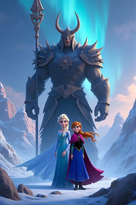 Frozen 3 poster, with Elsa and Anna and a two horned helmet villain with a spear, 3d Disney style