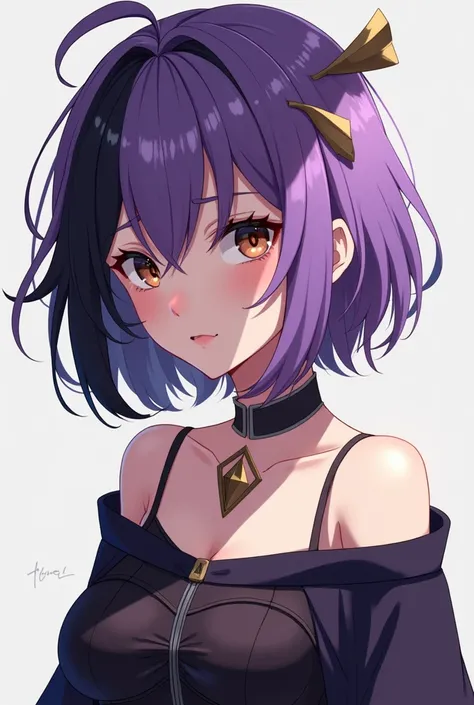 Sexy anime girl with purple hair on the left side with black, with a capul and brown eyes