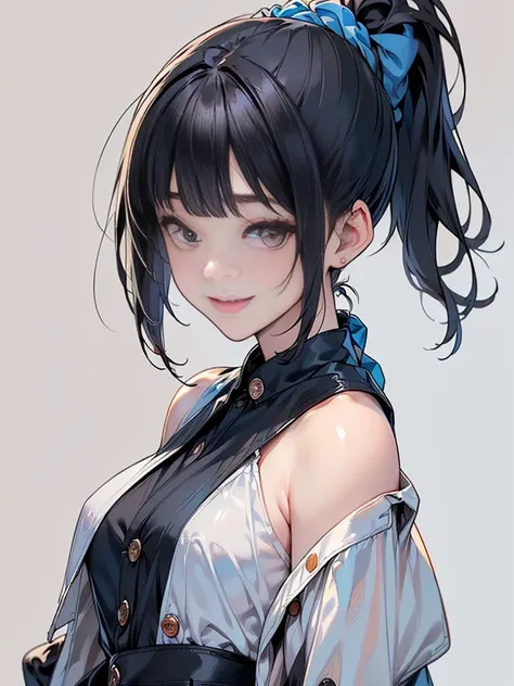 Masterpiece,best quality,独奏,1 beautiful Japanese girl,1,(sparkling black eyes,big eye),(pale skin),(black hair,blunt bangs,(short ponytail:1.2),(high ponytail:1.2),hair length to shoulder,voluminous hair,hair held up with a blue scrunchie:1.5),(big breasts...