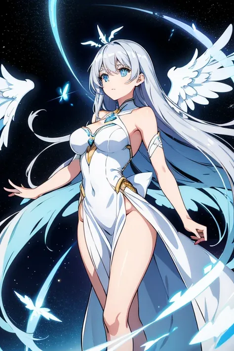 Android girl, clear blue eyes, beautiful, shining long silver hair, shining dress, large wings of light, expressionless, sparkling, space, wings fluttering, strong wind, dazzling light