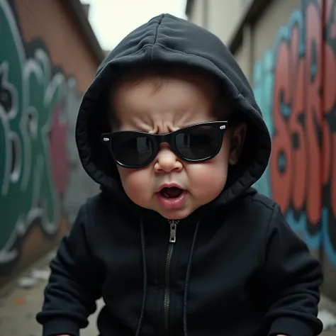 怒ったイケイケ赤ちゃん（黒いパーカー）: "A hyper-realistic image of a baby wearing a black hoodie with the hood up, looking fierce with dark, reflective sunglasses. The baby is frowning with an intense, almost comical expression of anger. The background is a gritty urban all...