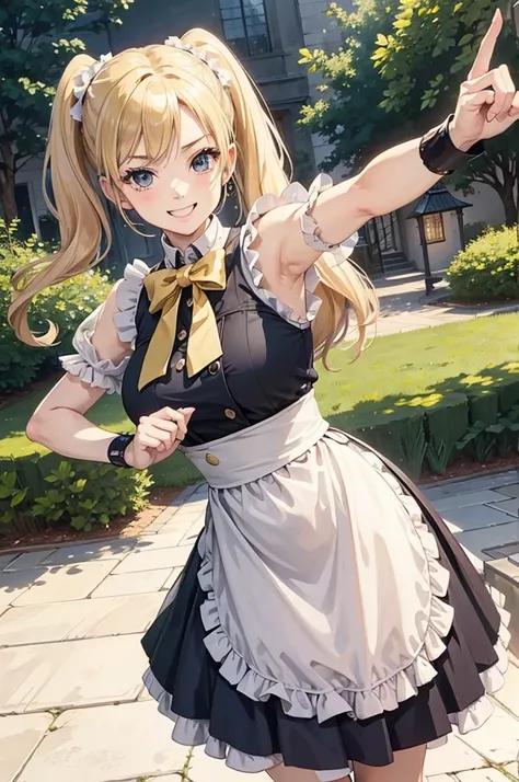 score up_9,score up_8,score up_7,source_anime,masterpiece,best quality,super fine illustration,super detailed,lady,solo,50yo,maid,cool,twintail,blonde hair,crazy smile,fighting form,dynamic angle,BREAK perfect hands,perfect fingers,hyper realistic,BREAK ga...