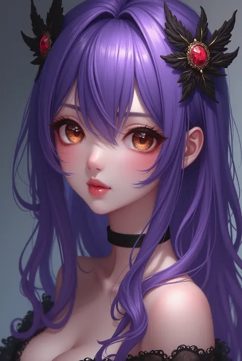 Sexy anime girl with purple hair and black, with a capul and brown eyes