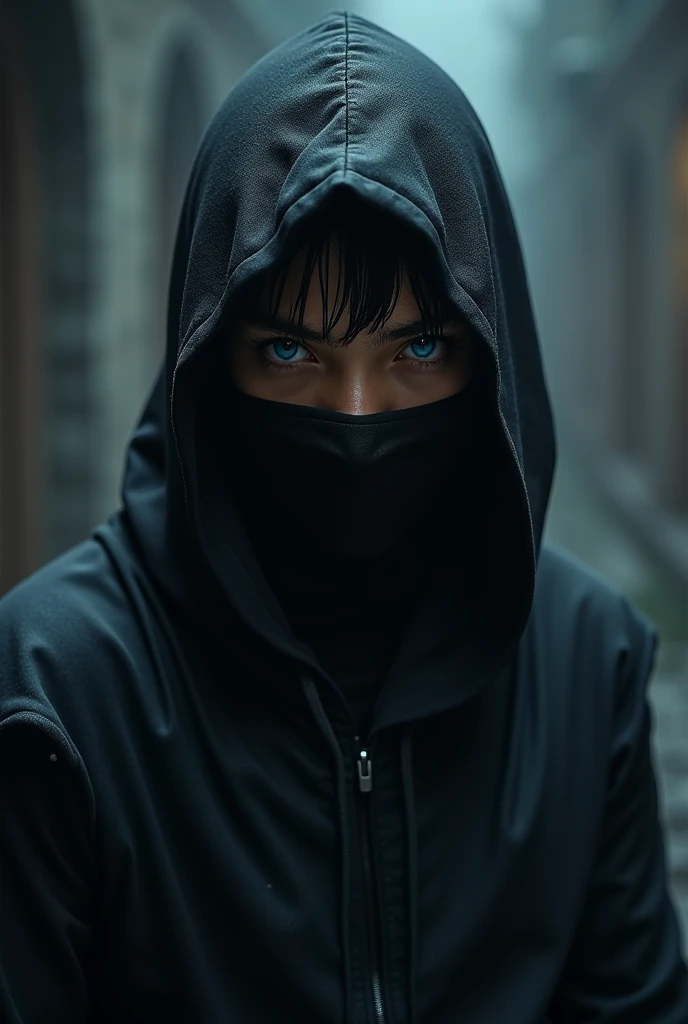 A ninja with a black hood and short hair with blue eyes