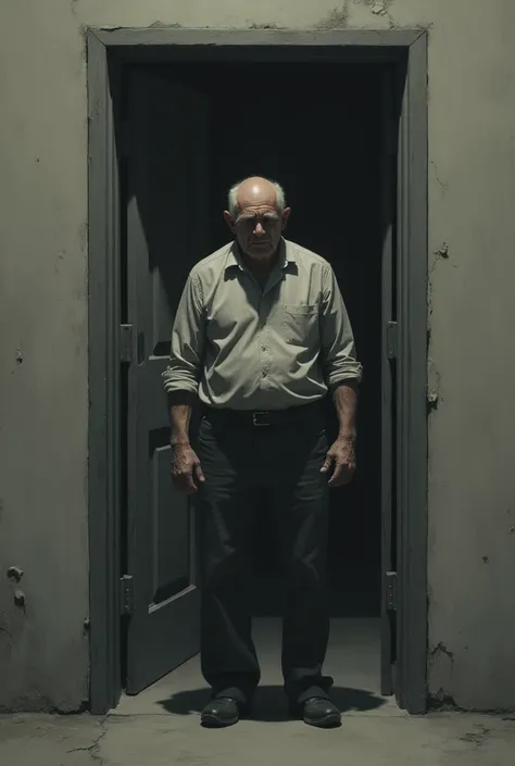 an unhappy man standing in front of the door