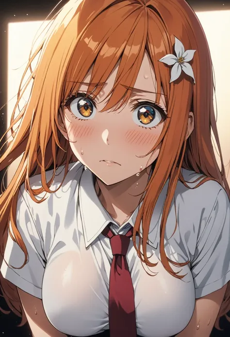 masterpiece, highest quality, high resolution, (orihime inoue),(bleach),1990s \(style\),f cup breasts、height: 160cm,sweating all...