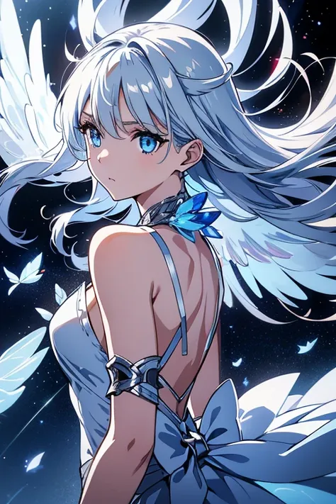 Android girl, clear blue eyes, beautiful, shining long silver hair, shining dress, large wings of light, expressionless, sparkling, space, wings fluttering, strong wind, dazzling light