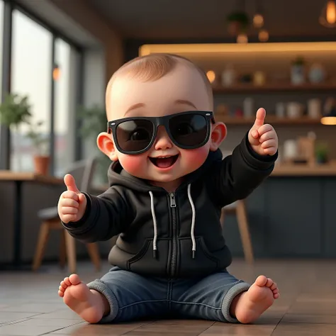 ぐーサインをするイケイケ赤ちゃん（黒いパーカー）: "Draw a lifelike, realistic image of a baby in a black hoodie, flashing a confident thumbs-up while wearing cool, mirrored sunglasses. The baby is sitting casually with one leg outstretched, exuding a relaxed yet confident vibe. T...