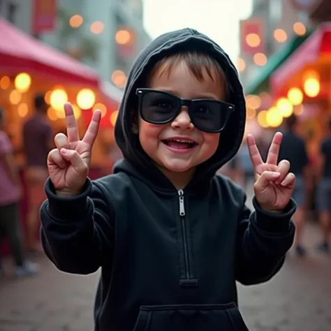 ピースサインをするイケイケ赤ちゃん（黒いパーカー）: "Create a realistic image of a baby in a black hoodie with the hood up, wearing dark, wraparound sunglasses, and flashing a peace sign with a cheeky smile. The baby is standing confidently, with a playful yet cool demeanor. The b...