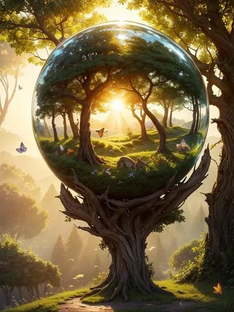 (masterpiece),(Best quality:1.0), (ultra high resolution,), detailed, glass ball with tree inside, Digital art, CG Society Competition Winner, butterflies and sunbeams, concept art design illustration, beautiful digital illustration, Closed ecosystem