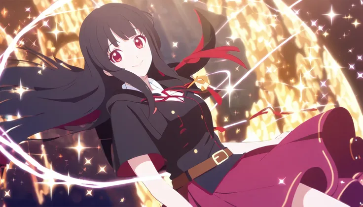 Woman,smile,Witch,female,beauty,black hair(long hair),red eyes,black jacket,belt,school outfit(white),red Ribbon,magenta skirt,fantasy,anime style,konosuba style, Sparkle, 