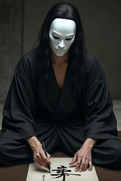 A Japanese adult man with a Calligraphy brush in black kimono. His hair is long and black.
His eyes and face is completely hidden by a white Japanese mask. Dark background.