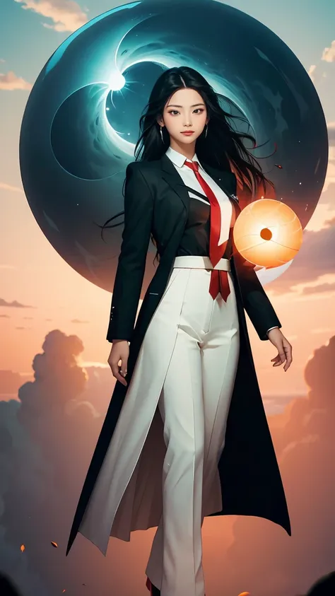 ((Masterpiece, best quality, very detailed), Volumetric light, surrounding occlusion, Rich and colorful, glow), 1 woman, , young girl, (Smooth black), long hair, radius, sacred, goddess, CEO Luke, (black suit, White shirt and red tie:1.3), long black coat,...