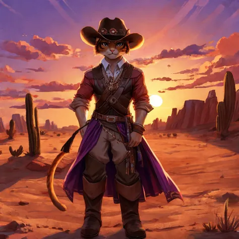 A cat dressed as a cowboy in a desert at sunset with a purple sky 