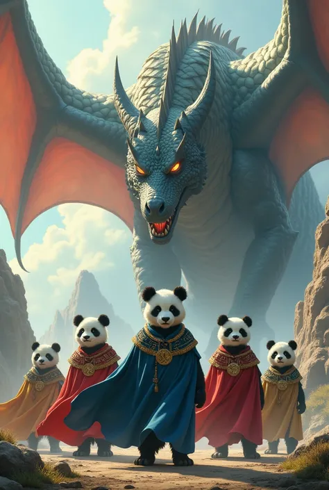 Pandas with capes in front of a dragon 