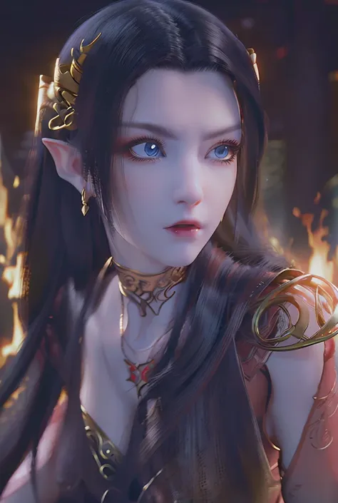 super realistic.super graphics.super detailed.1 super beautiful girl.cute.loose hair.long hair.flaming blue eyes.armed.elf(medus...