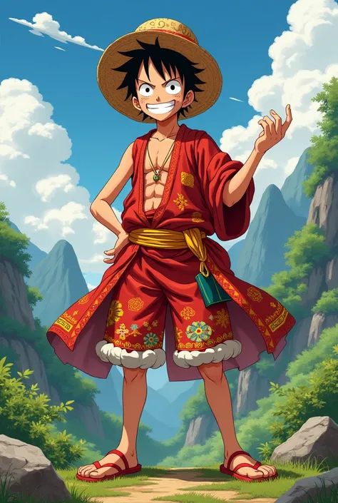 Anime character monkey D Luffy in Bhutanese outfit  gho 