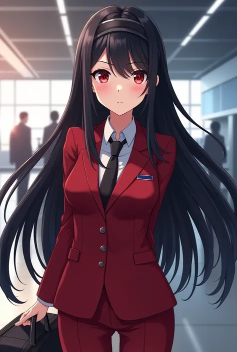 1 anime girl with long black hair and red eyes with sharp and serious looks and her bangs are raised with a headband on her head and she is wearing a red formal suit and carrying a travel bag at the airport