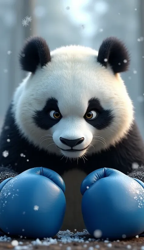 Close-up of the 3D animated pandas intense eyes, narrowed in focus. The blue boxing gloves are seen at the edges of the frame, with snowflakes drifting down in the background.