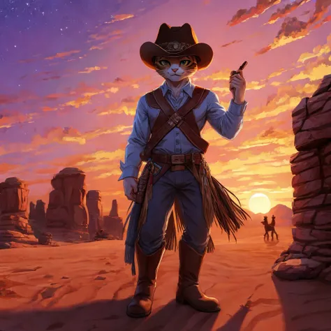 A cat dressed as a cowboy in a desert at sunset with a purple sky 