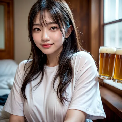 (((1 female)))、(((明るいsmile)))、(((Make a toast)))、(((Cheers with beer)))、(((Holding a beer)))、(((whole body)))、(((From the waist up)))、(((Upper body close-up)))、(((A loose fitting T-shirt)))、(((Room at home)))、Half Japanese and half Korean、30 year old girl、...