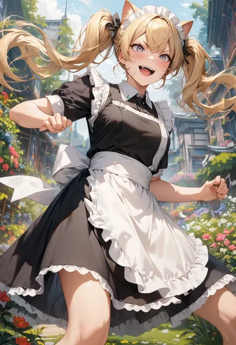 score up_9,score up_8,score up_7,source_アニメ,masterpiece,best quality,super fine illustration,super detailed,Cat ear,lady,独奏,50yo,maid,cool,twintail,blonde hair,crazy smile,fighting form,dynamic angle,BREAK perfect hands,perfect fingers,hyper realistic,BREA...