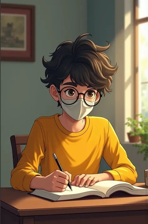 Create a handsome boy sitting on the chair and write something on a diary who put on the table.he wear yellow shirt and a mask on his face and glass on his eyes.background is wall of room and there is window.