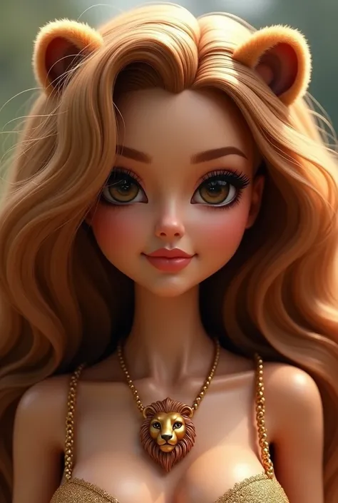 Create a Barbie-type caricature with dark brown eyes and hair inspired by the color and shape of a lion&#39;s mane. Adult Barbie ,without lion ears ,with a lion-shaped necklace