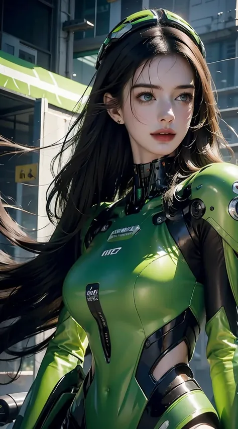 Highest image quality, Outstanding details, Ultra-high resolution, (realism: 1.4), Best example, Favor the details, Highly concentrated Anne Hathaway, Beautiful face, Wearing a green all-inclusive bright one-piece mecha,Wearing a heavy motorcycle helmet, H...