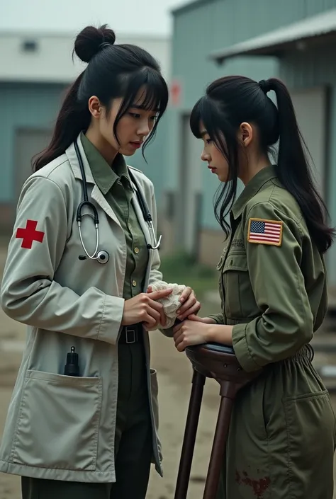 documentary photo, dramatic scene, (very beautiful Japanese girl, famous Japanese idol but military physician:1.3), She is wearing military physicians uniform with red cross, Stethoscope, simple medical instruments, bandage, (She is talking to a foot injur...