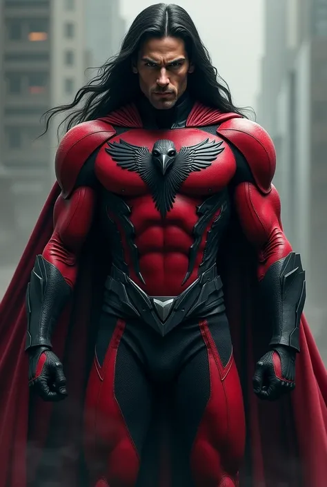 A superhero wearing red and black colour costume and crow badge logo on his chest he had long hair 