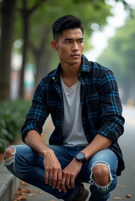 Handsome white skinned Indonesian man, well-groomed face, short black hair, style turn ,black long shirt,blue checkered,rolled up sleeves ,white t-shirt ,black watch pose sitting on the edge of the sidewalk under a tree, while holding a lit cigarette.real ...