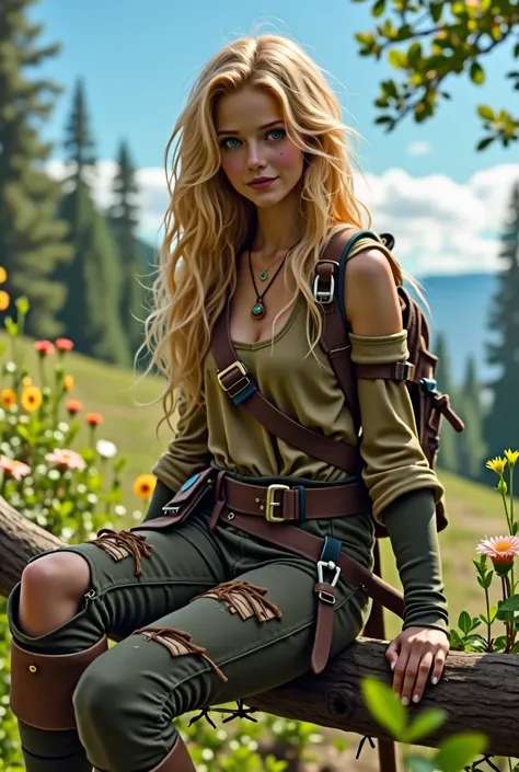 The image shows a young woman sitting on a branch, surrounded by a natural environment. She has long golden hair, and a calm expression. He wears a worn, dirty brown outfit with several black leather patches.,ripped pants, high boots and long gloves. He ca...