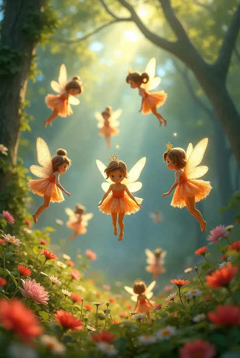 ten delicate fairy with shiny translucent wings, floating in a magical forest full of leafy trees and bright flowers. The fairy has a dress made of flower petals and a crown of little stars on her head.. Sunlight passes through the leaves, creating a warm ...