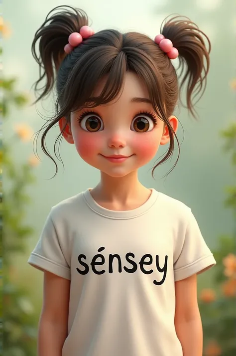 A girl with a t-shirt with the name sensey