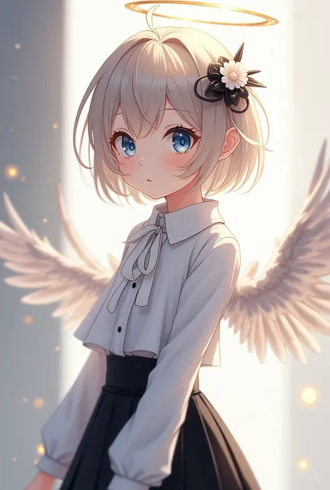 Femboy, Anime, Short, Short Blonde hair, Fair skin, Blue eyes, Metallic halo & wings, Black & White flower hairpin, White scarf, White collared long-sleeved shirt, Black skirt, Black boots