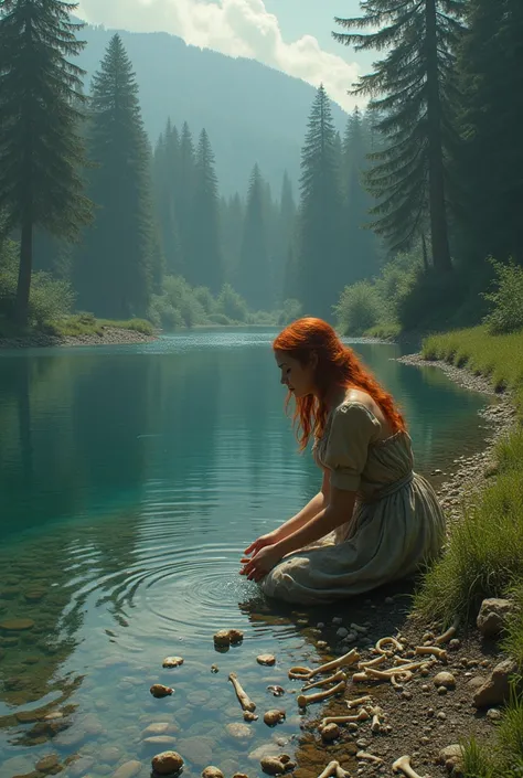 Woman with red hair in peasant dress kneeling washing her hands in clear water at the edge of a large shallow lake in a meadow surrounded by forest sees hundreds of bones and layers of animal skeletons cover completely cover the ground underwater