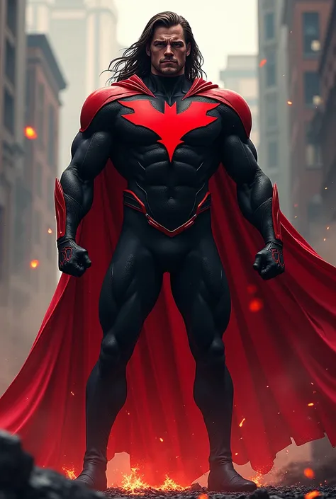 A superhero man wearing red and black colour costume and crow badge logo on his chest he had long hair 