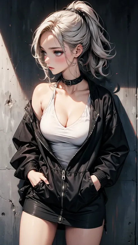 Angle from below, A woman with her hands in her pockets, Ash grey ponytail, Street Fashion, Exposed cleavage, mini skirt, Graffitied concrete wall, Anime Style, Digital Painting, (masterpiece, High resolution, Highest quality)