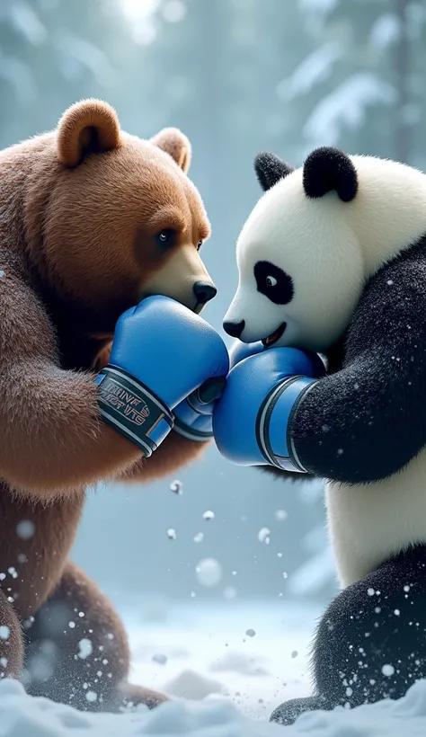 Close-up of the 3D animated pandas muscular arm as it connects with the grizzly bears side, the blue boxing glove sinking into the bear’s fur. Snow explodes outward from the point of impact