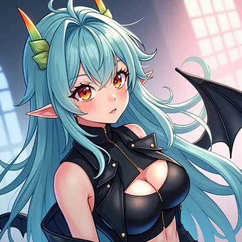 She is 1. She has long, blonde hair with flaming orange tips, red-orange eyes with dilated pupils, black dragon wings, a green dragon tail, blonde dragon horns, D-Cup boobs, a perfect figure, perfect skin, and an athletic body. She wears a black leather ja...