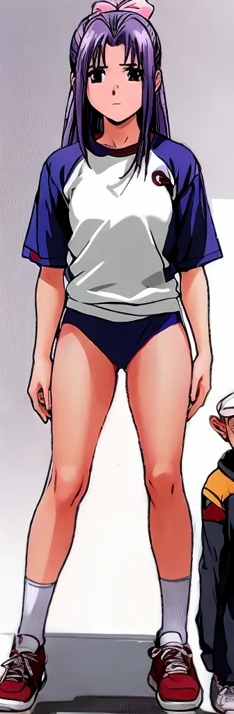 Momoko Koigakubo, a tall girl with beautiful legs, is wearing white gym clothes and light navy blue bloomers that look like panties, and stands with her legs spread to the sides with a gentle expression.。A second-grade boy wearing a tracksuit is standing n...